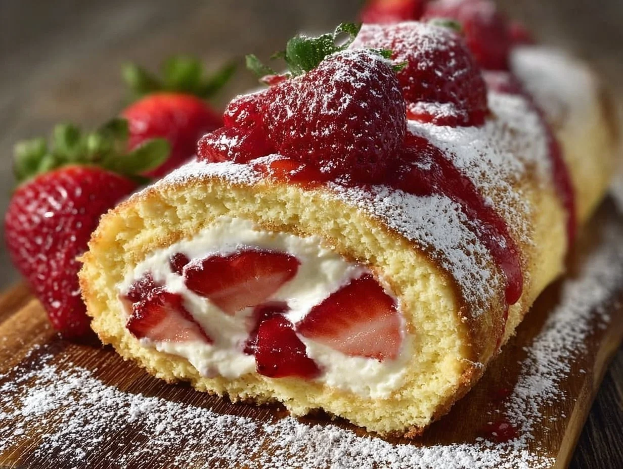 Strawberry cheesecake roll ups served on a plate, topped with fresh strawberries.