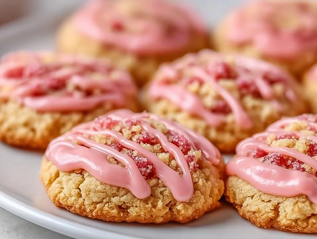 Freshly baked strawberry crunch cookies with a crispy topping