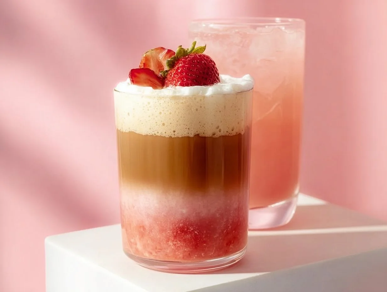 A delicious strawberry latte topped with whipped cream and fresh strawberries.