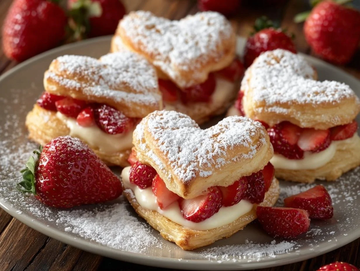 Strawberry Puff Pastry Danishes on a plate with fresh strawberries