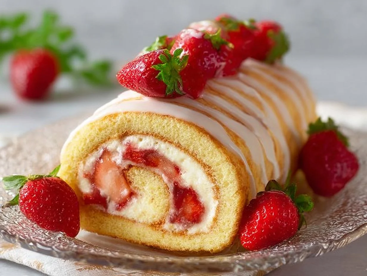 Delicious strawberry roll cake ready to serve, showcasing fresh strawberries and cream