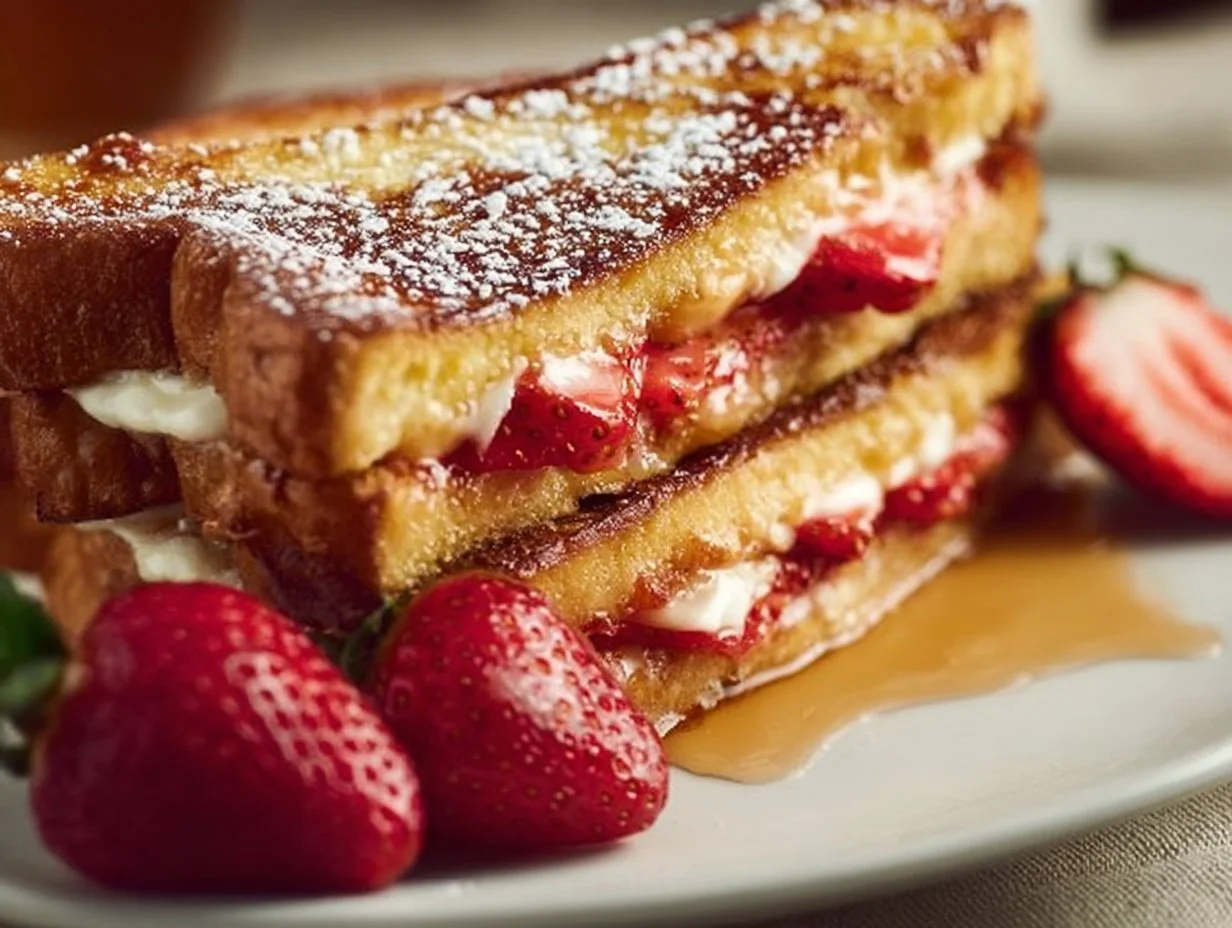 Delicious strawberry stuffed French toast topped with fresh strawberries and syrup