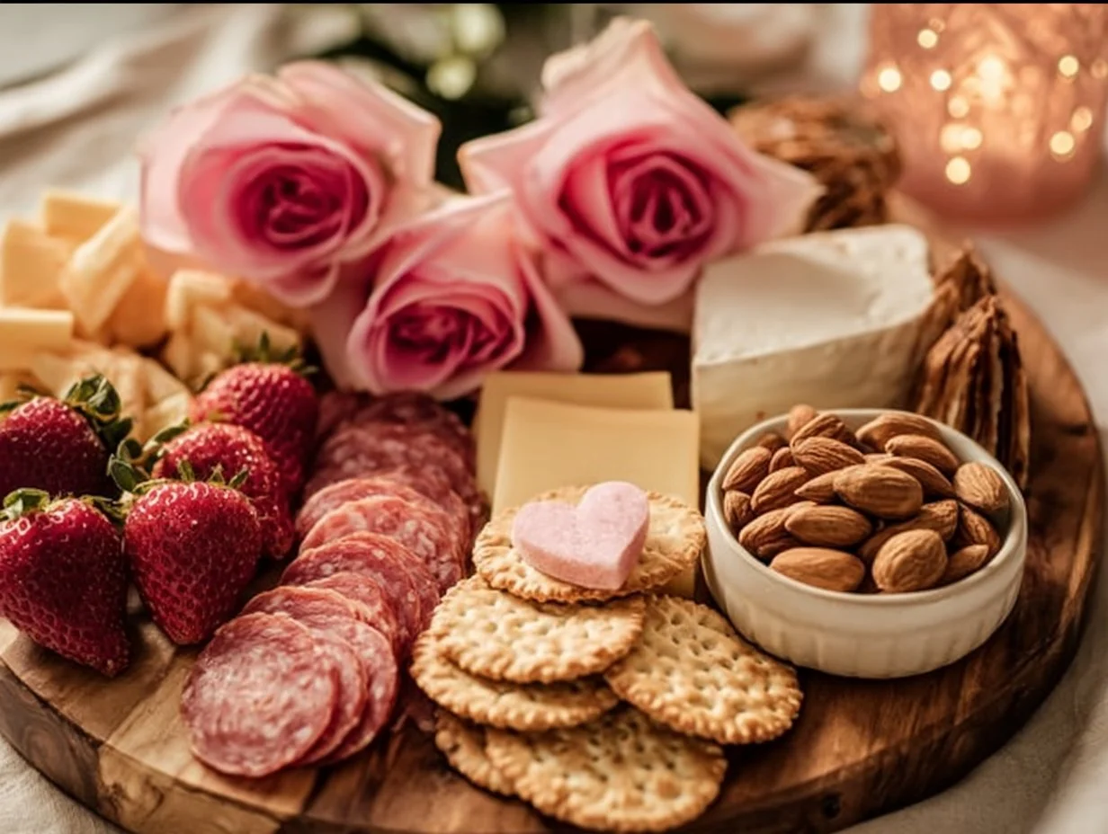 Valentine's Charcuterie Board with heart-shaped cheeses and assorted snacks
