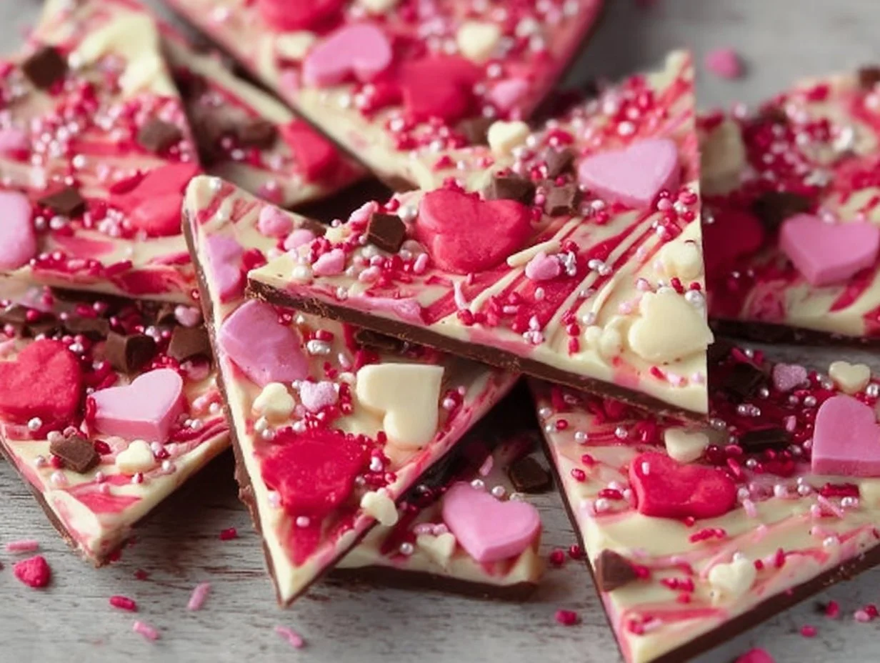 Delicious Valentine's Day Bark decorated with heart-shaped sprinkles and chocolate.