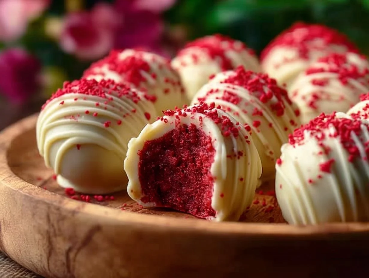 Delicious homemade red velvet truffles, perfect for Valentine's Day treats.