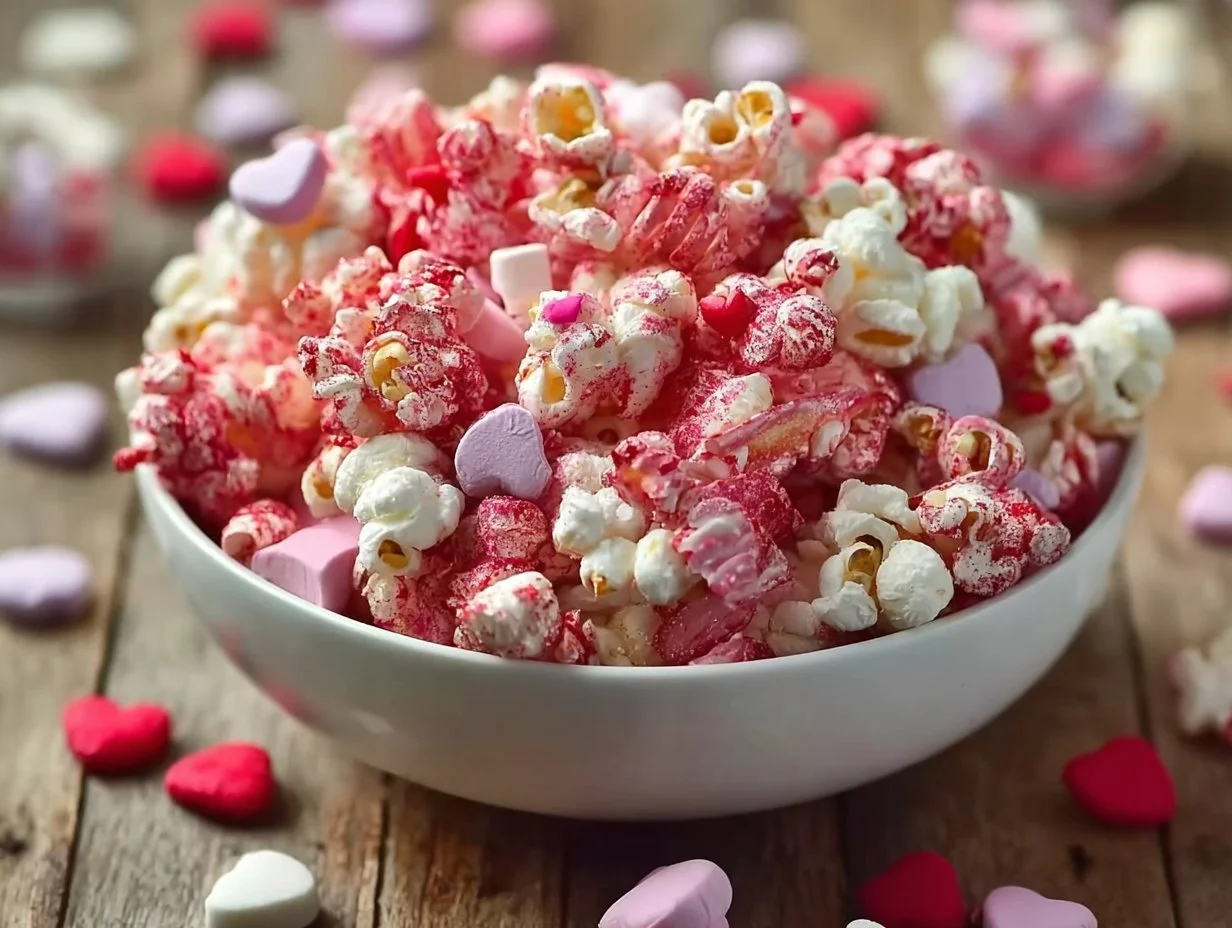 Valentine's Day Snack Mix with heart-shaped treats and festive decorations