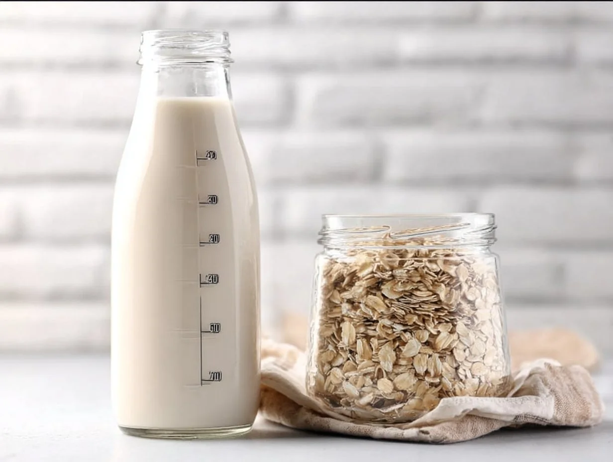 Creamy vanilla oat milk in a glass with ingredients in the background.