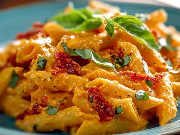 A bowl of creamy tomato ricotta pasta garnished with fresh basil