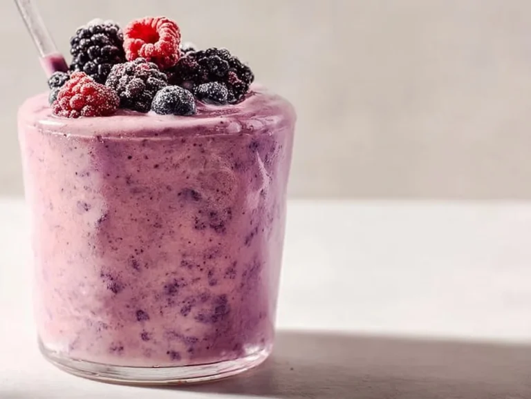 A 5-ingredient protein smoothie in a glass, showcasing its creamy texture and vibrant color.
