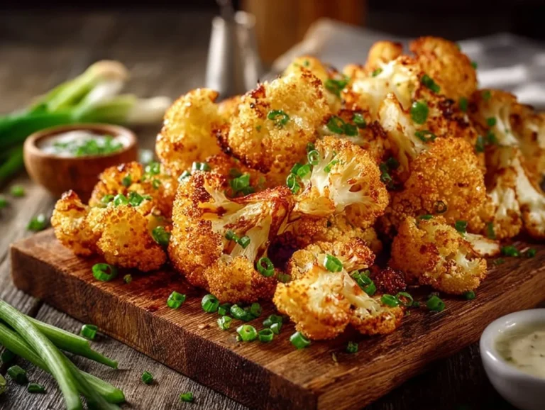 A plate of crispy air fried cauliflower wings garnished with herbs and spices.