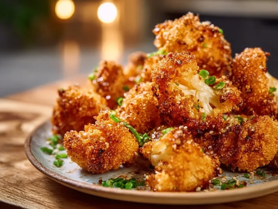 A plate of crispy air fried cauliflower wings garnished with herbs and spices.