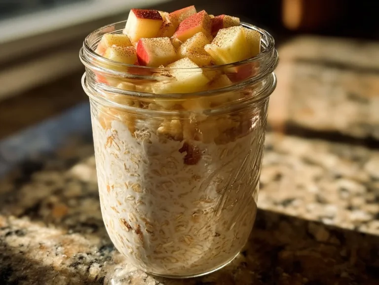 Bowl of cinnamon apple overnight oats topped with fresh apples and cinnamon