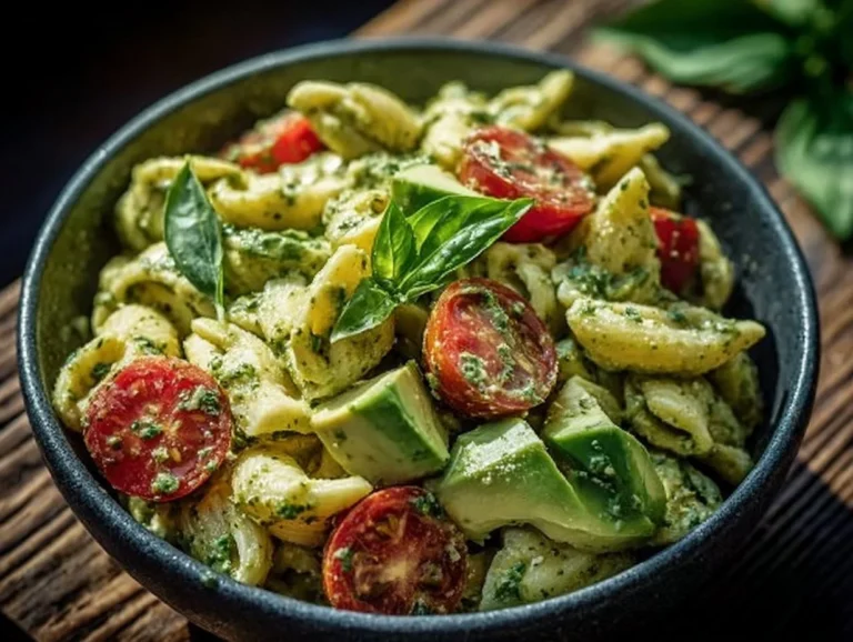 Delicious Avocado Pesto Pasta Salad with colorful vegetables and basil