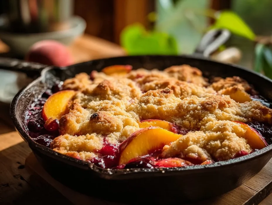 Delicious Berry Peach Cobbler served in a dish, topped with ice cream.