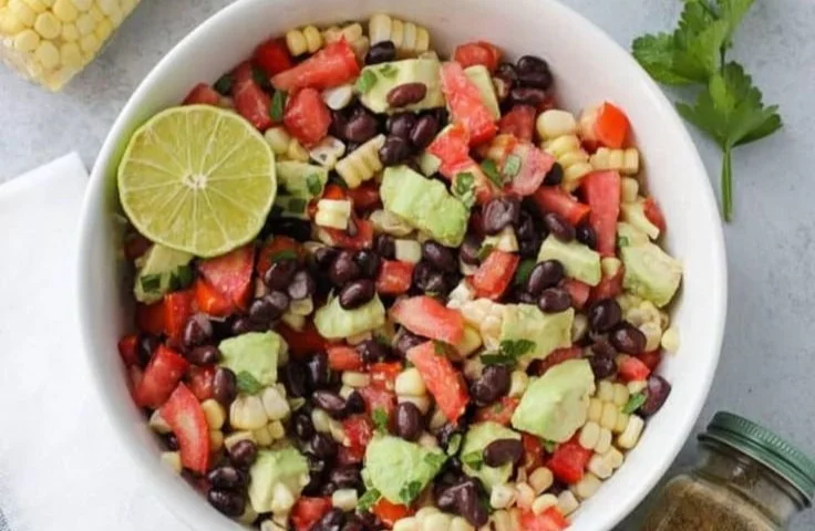Delicious black bean and corn salad served in a bowl.