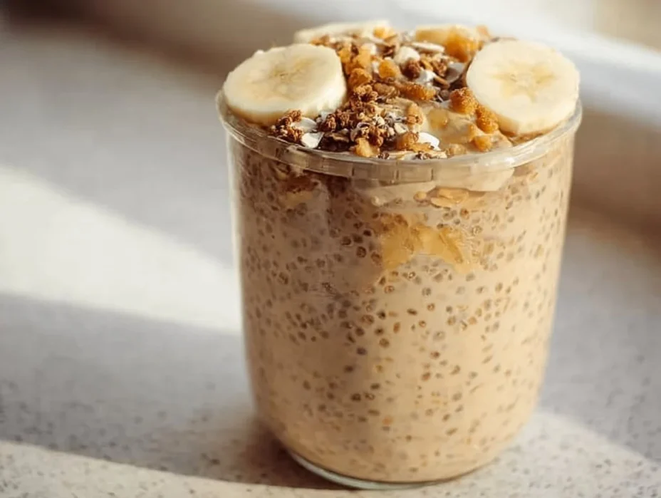 Bowl of brown sugar overnight oats topped with fruits and nuts