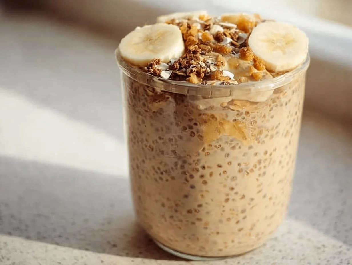 Bowl of brown sugar overnight oats topped with fruits and nuts