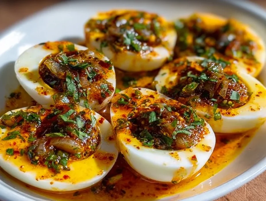 Delicious Cajun boiled eggs with spicy garlic butter sauce plated beautifully.