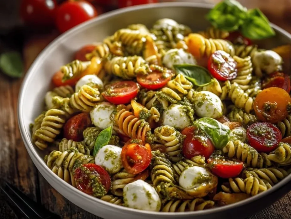 Delicious Caprese Pesto Pasta Salad with fresh tomatoes, mozzarella, and pesto dressing.