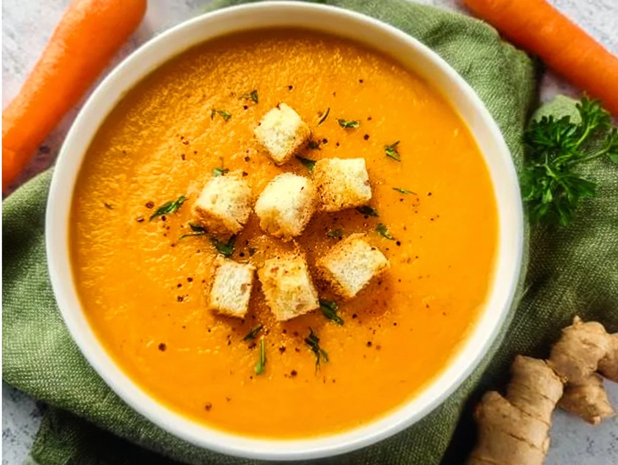 Bowl of vibrant Carrot Ginger Soup garnished with fresh herbs