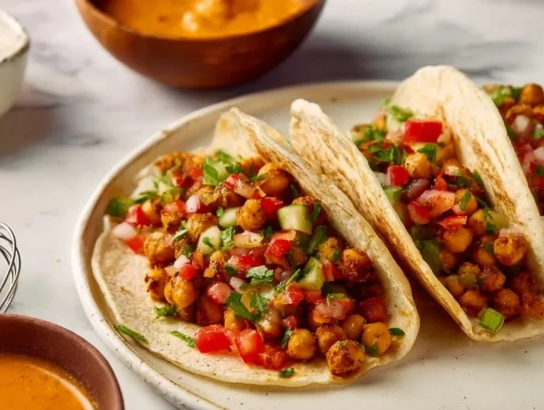 Delicious chickpea tacos served with fresh toppings on a plate