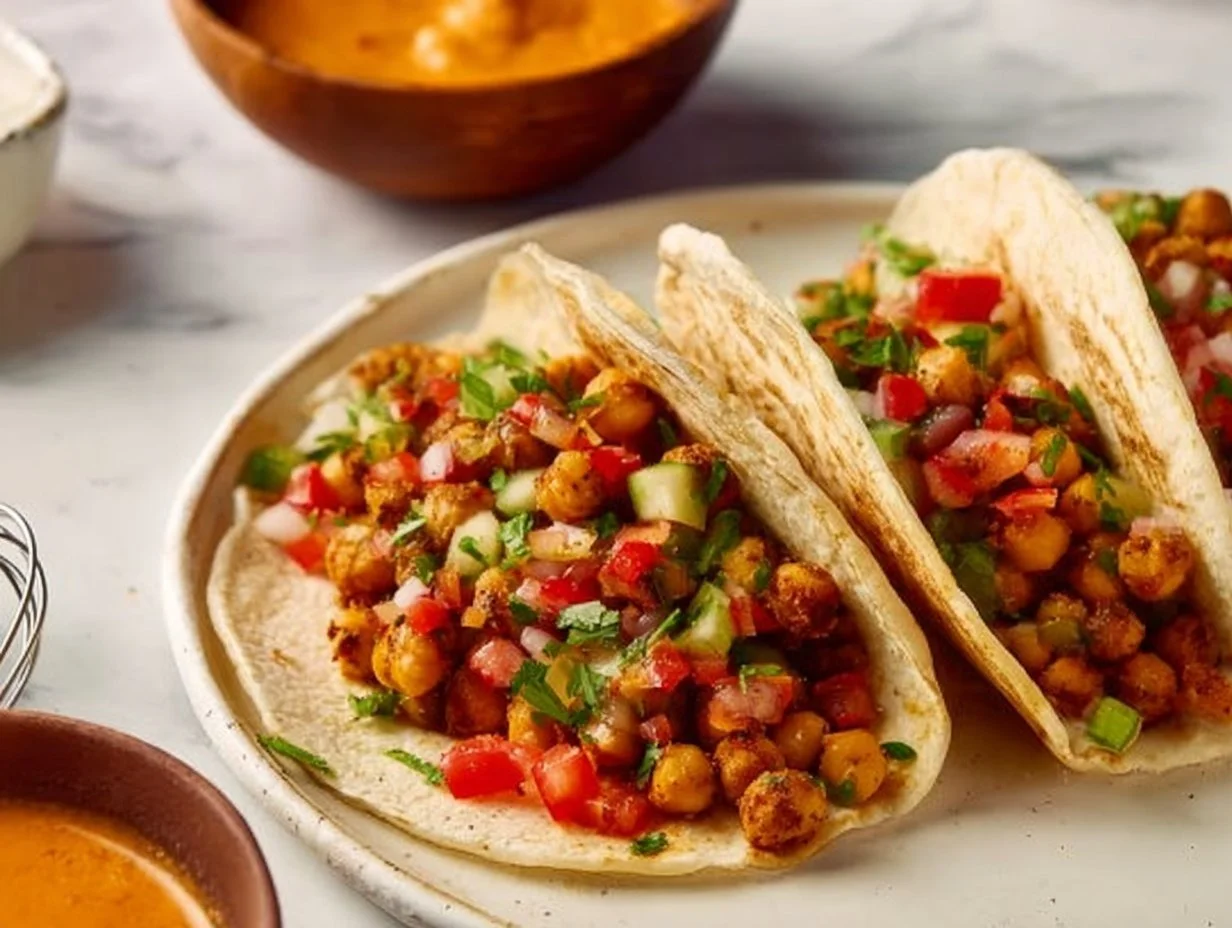 Delicious chickpea tacos served with fresh toppings on a plate