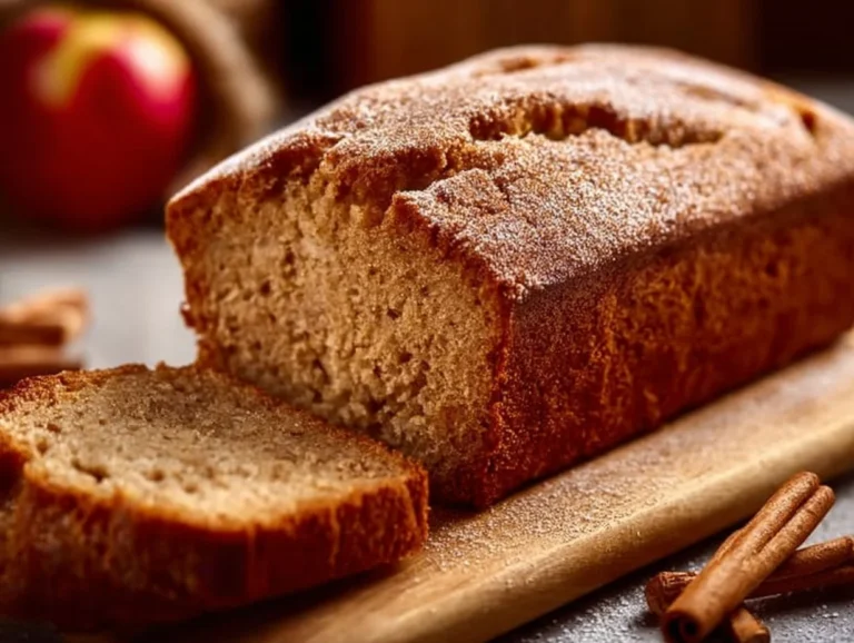 Loaf of cinnamon applesauce bread freshly baked and served on a wooden board.