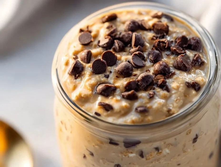 Delicious bowl of cookie dough overnight oats garnished with chocolate chips