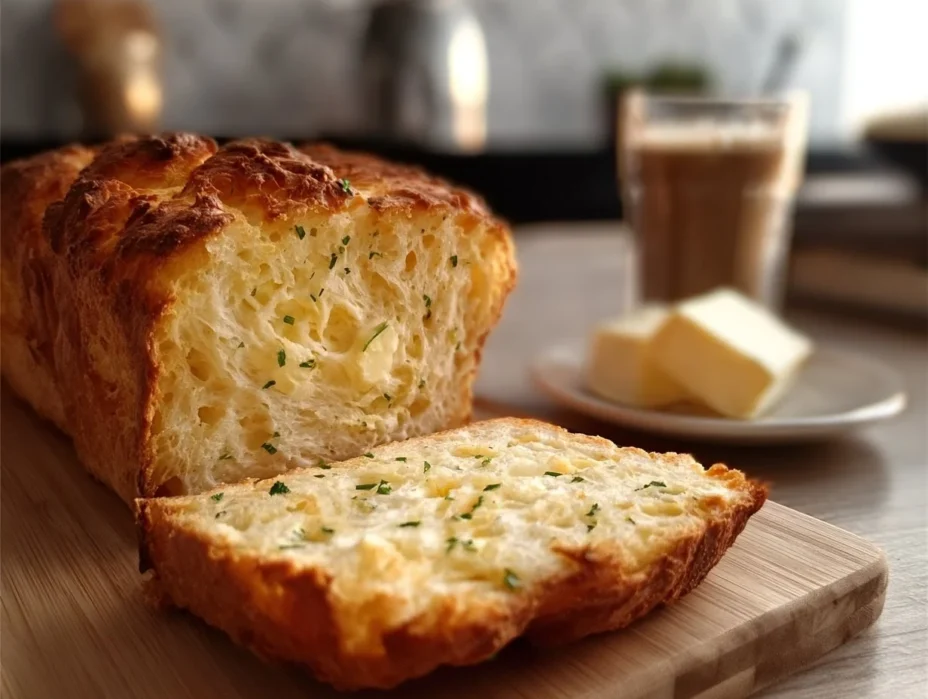 Loaf of homemade cottage cheese bread on a wooden cutting board