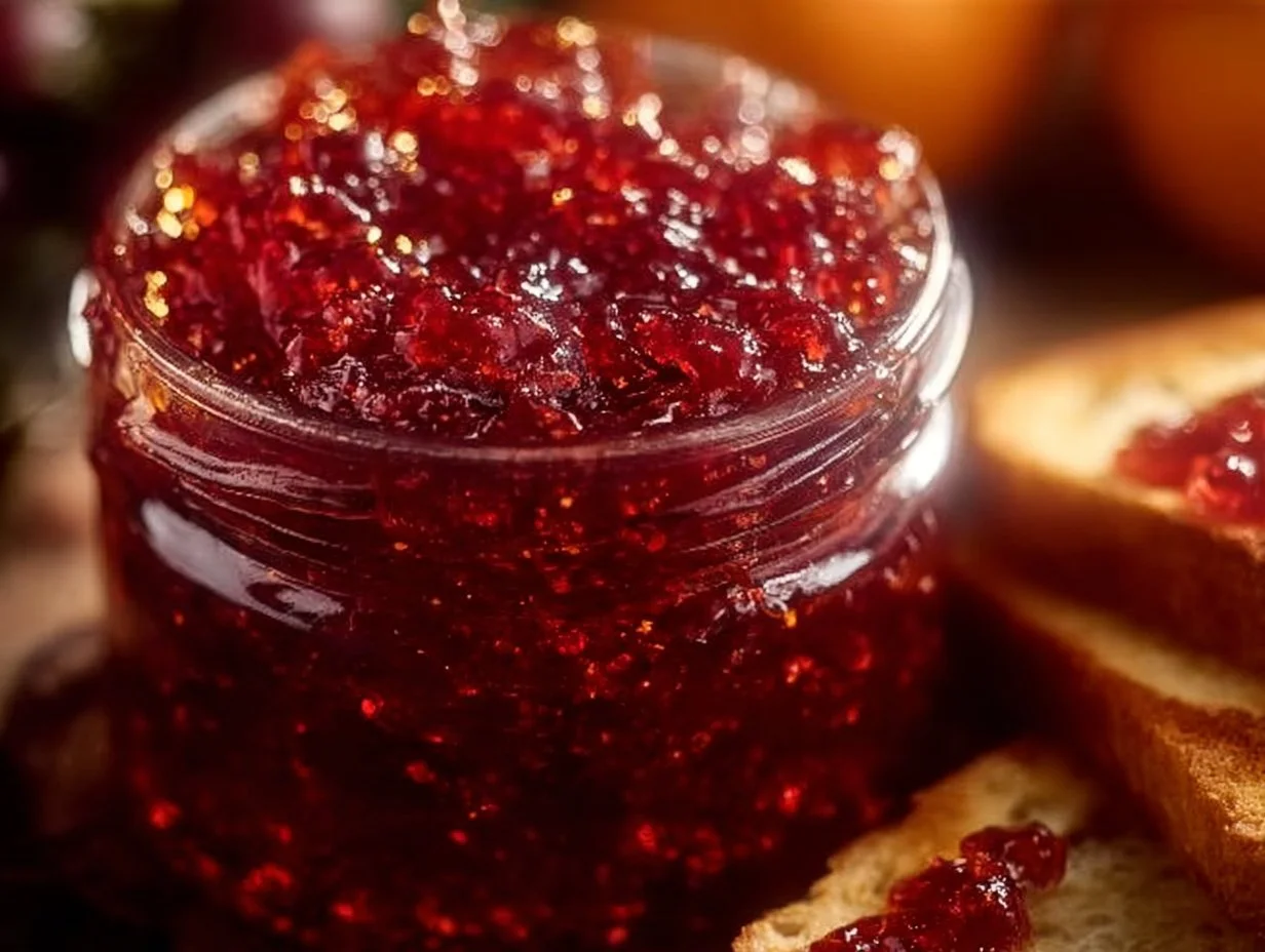 A jar of homemade Cranberry Orange Marmalade on a wooden table.