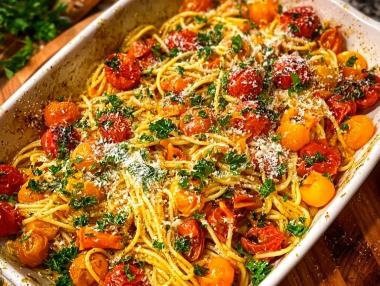 Creamy vegan pesto pasta topped with roasted cherry tomatoes in a bowl
