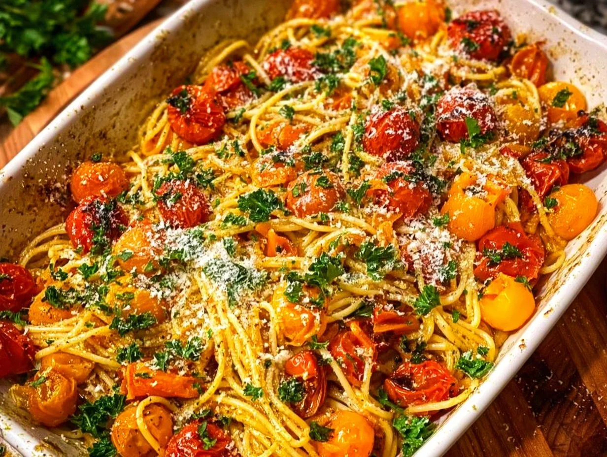 Creamy vegan pesto pasta topped with roasted cherry tomatoes in a bowl
