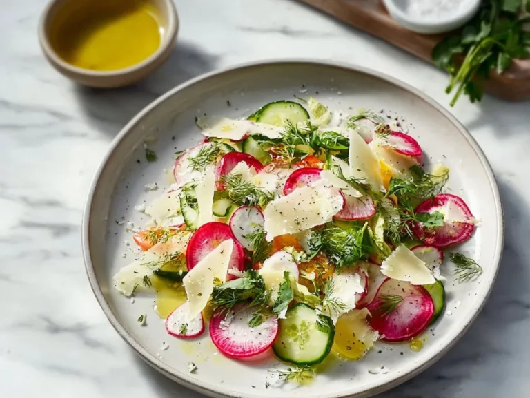 Crisp radish salad with Parmesan on a white plate, garnished with herbs.