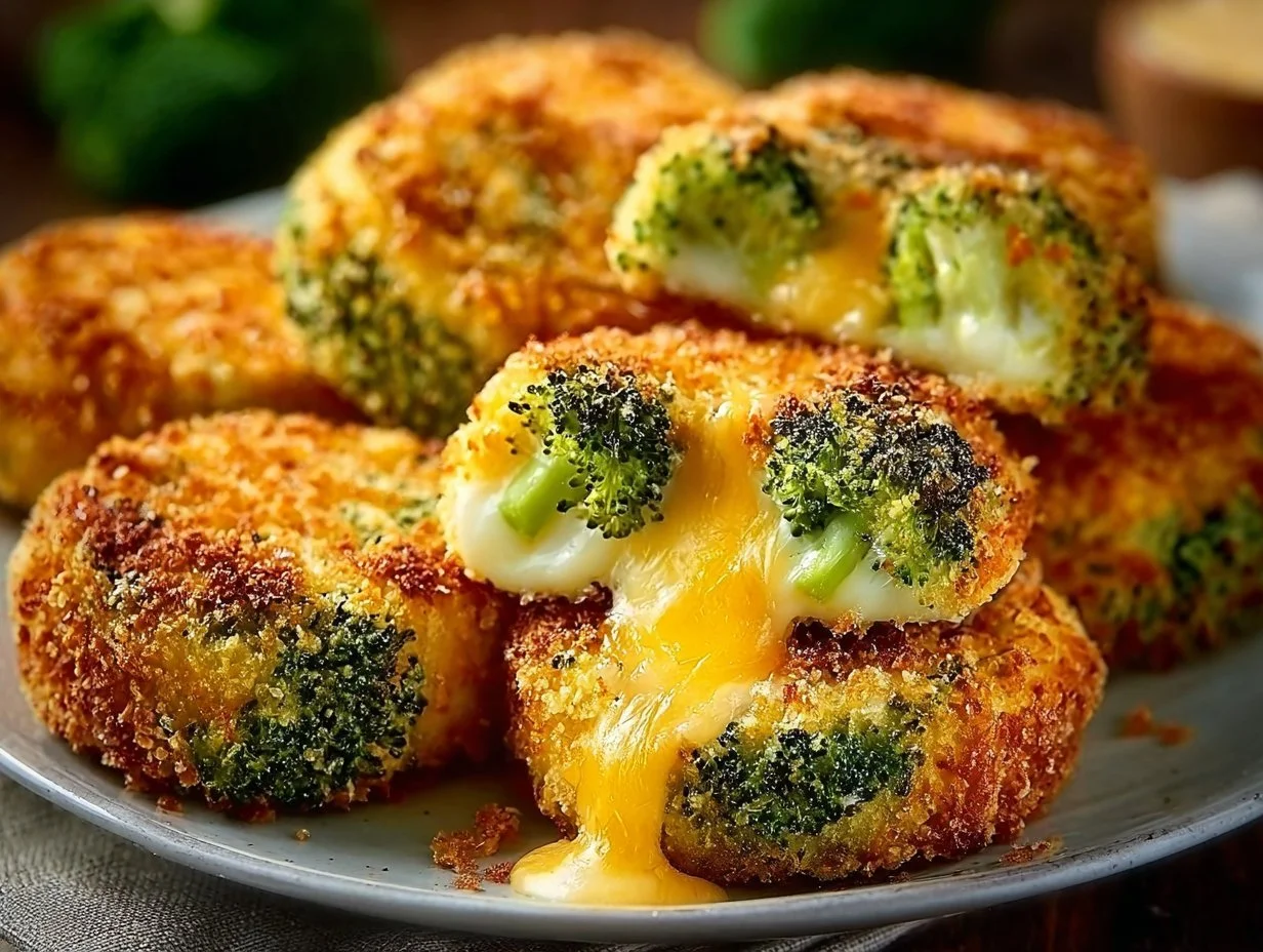 Crispy broccoli cheese rounds on a plate, perfect for a gluten-free snack.