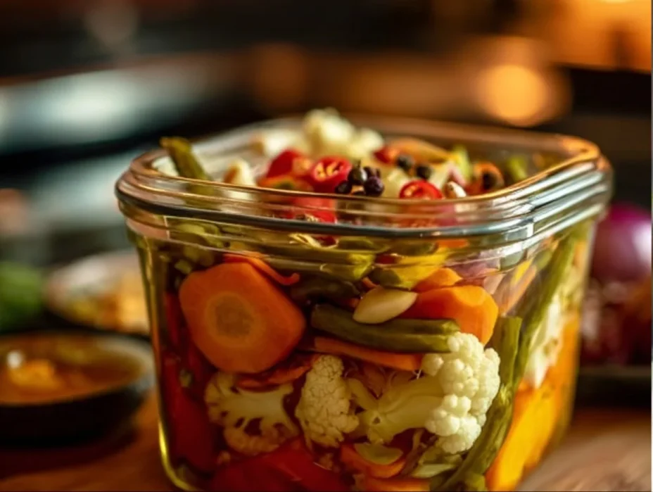 Jars of crunchy tangy refrigerator pickled vegetables for healthy living