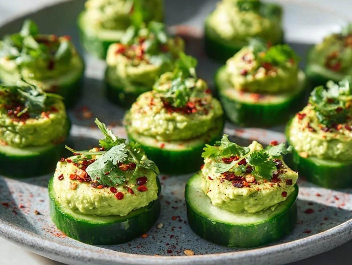 Cucumber avocado bites served on a platter as a healthy appetizer