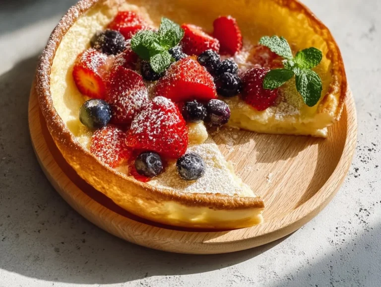 Image of a freshly baked Dutch Baby Pancake topped with fruits and powdered sugar