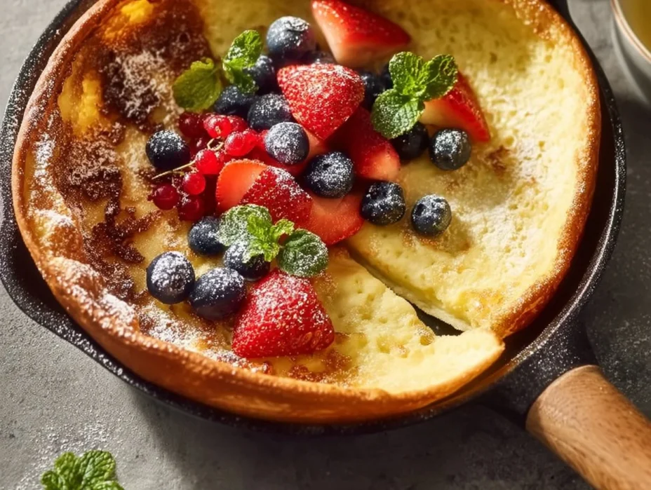 Image of a freshly baked Dutch Baby Pancake topped with fruits and powdered sugar