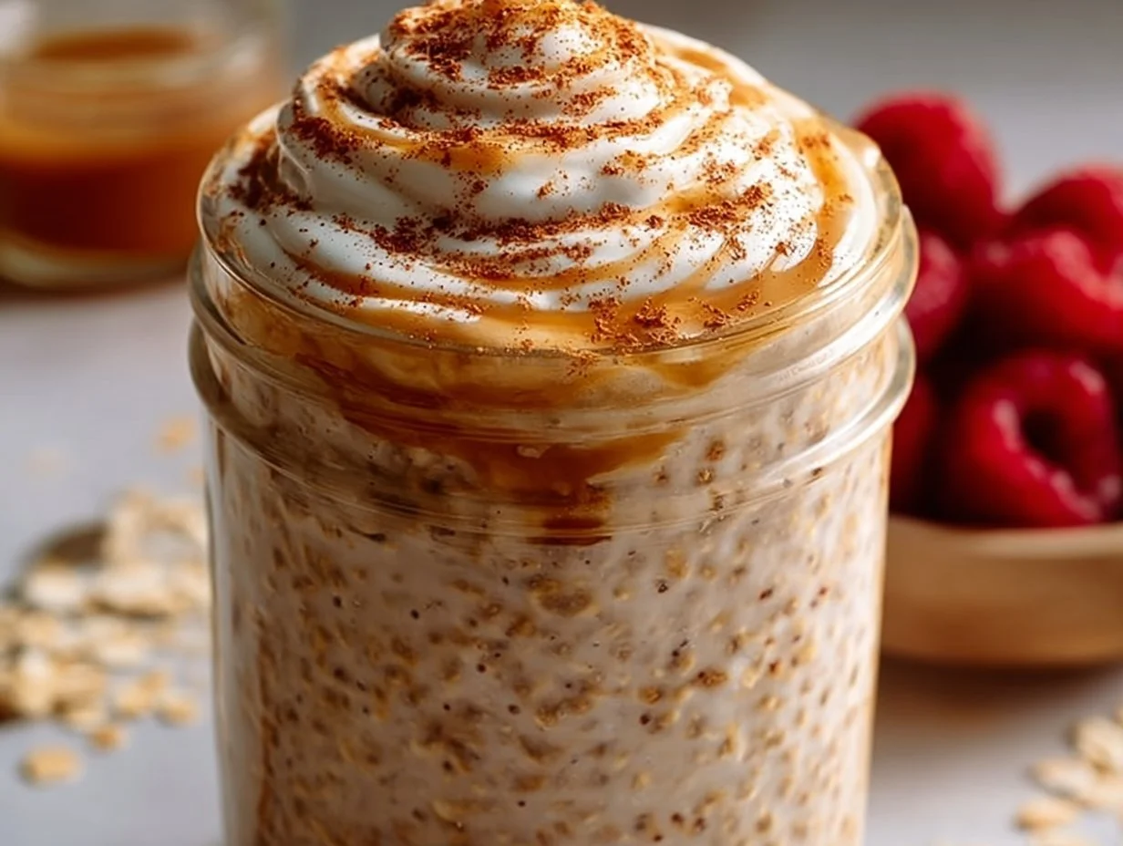 High-protein cinnamon roll overnight oats topped with cinnamon and nuts