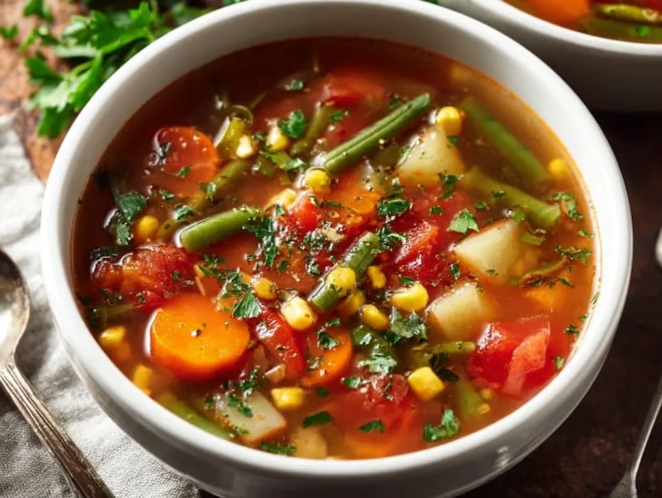 Bowl of easy homemade vegetable soup with fresh ingredients and herbs