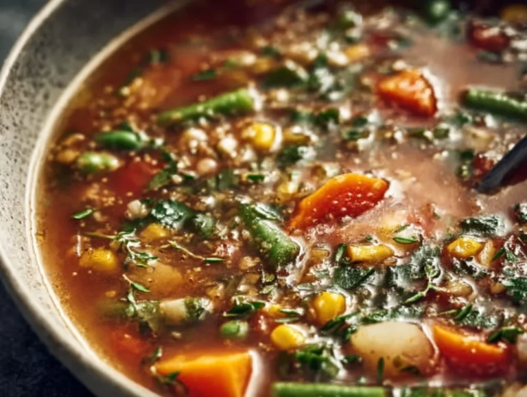 Bowl of easy homemade vegetable soup with fresh ingredients and herbs