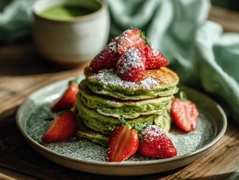 Fluffy green pancakes with fresh strawberries on a plate