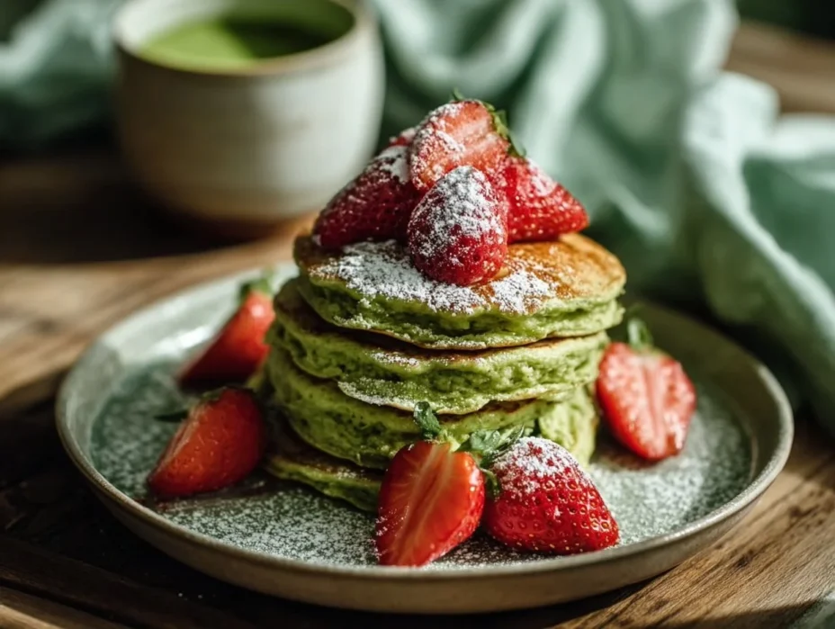 Fluffy green pancakes with fresh strawberries on a plate