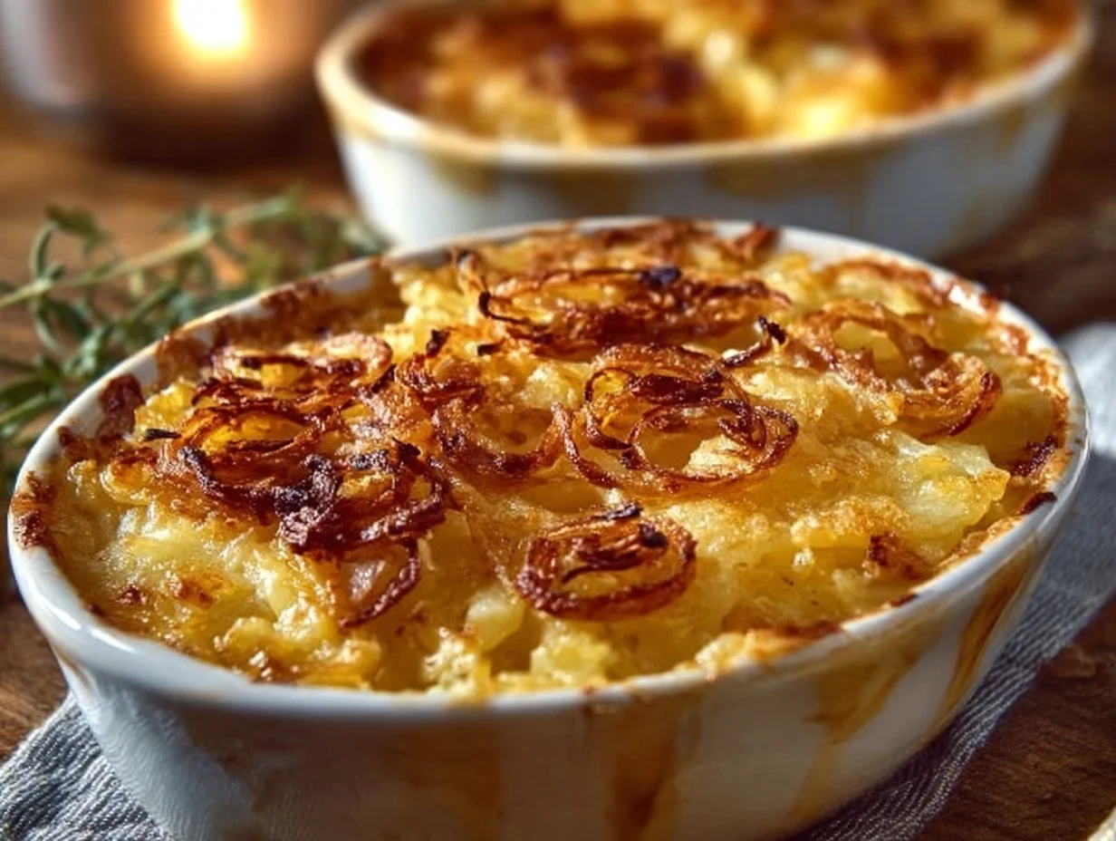 A delicious serving of French Onion Funeral Potatoes topped with crispy onions.