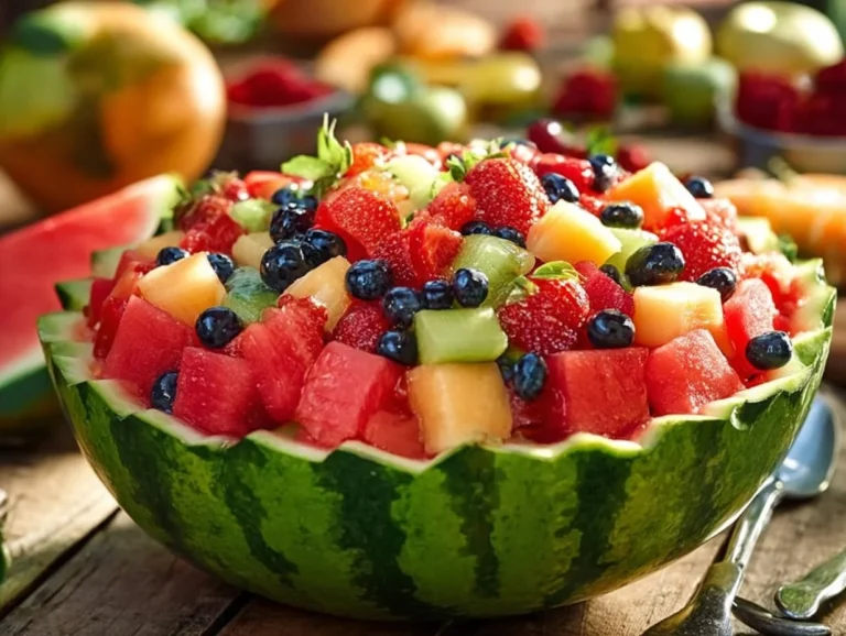 Colorful fruit salad served in a watermelon shell for a refreshing summer dessert