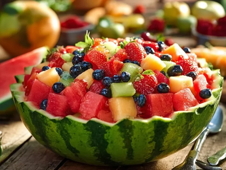Colorful fruit salad served in a watermelon shell for a refreshing summer dessert