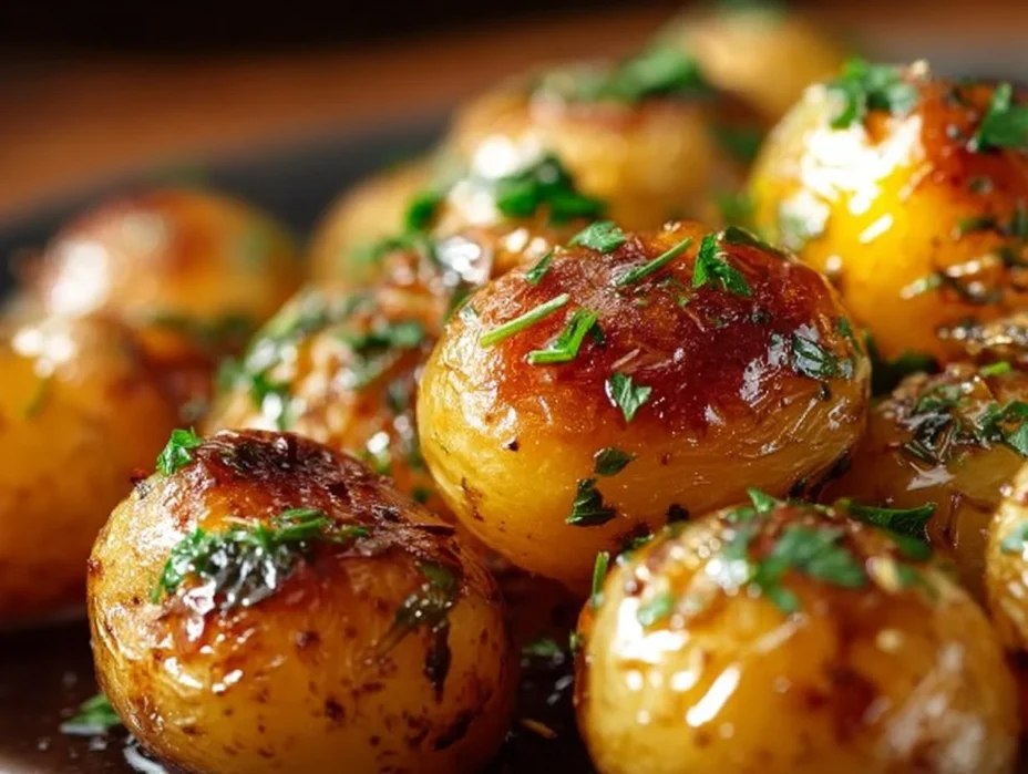 Plate of garlic sauce baby potatoes garnished with herbs