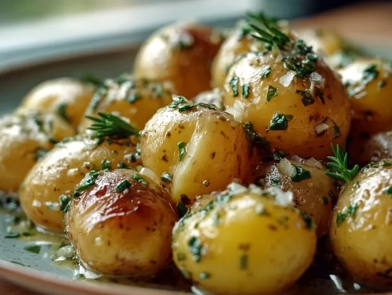 Plate of garlic sauce baby potatoes garnished with herbs