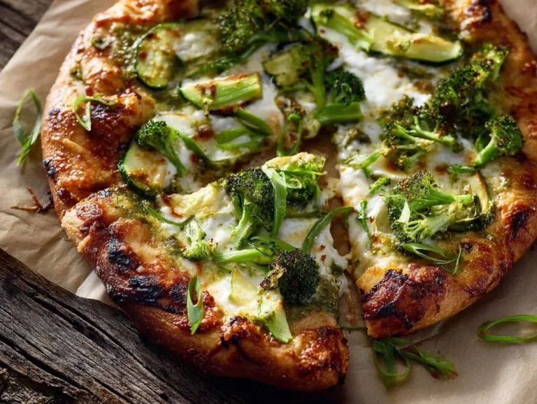 Green Vegetable Pesto Garden Party Vegetarian Pizza topped with fresh veggies and pesto