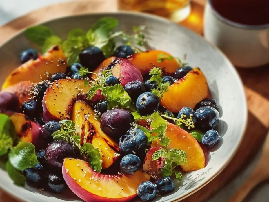 Delicious grilled peach and blueberry salad in a bowl